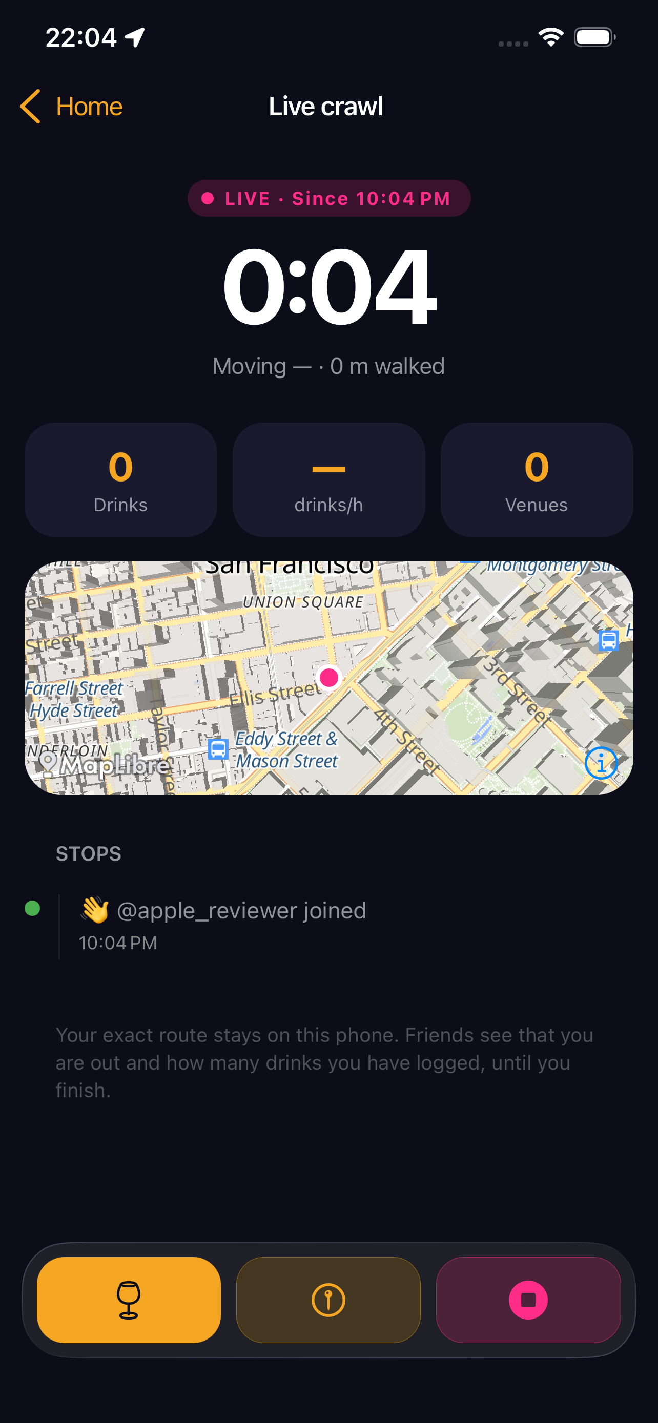 CheersOida live crawl screen with route map