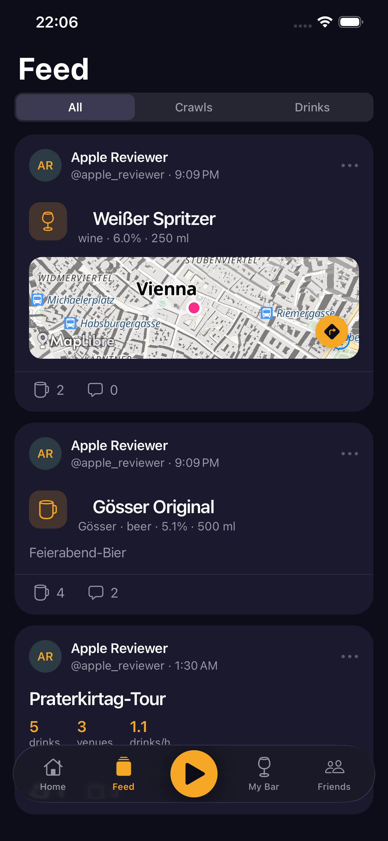 CheersOida feed showing a friend's check-in
